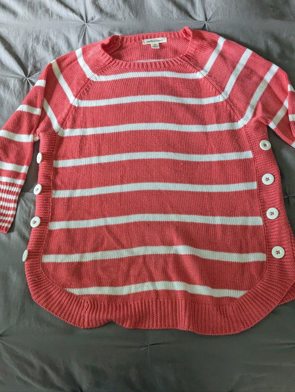 John Paul Richard Coral and White Striped Crewneck/Boa Sweater with Side Buttons